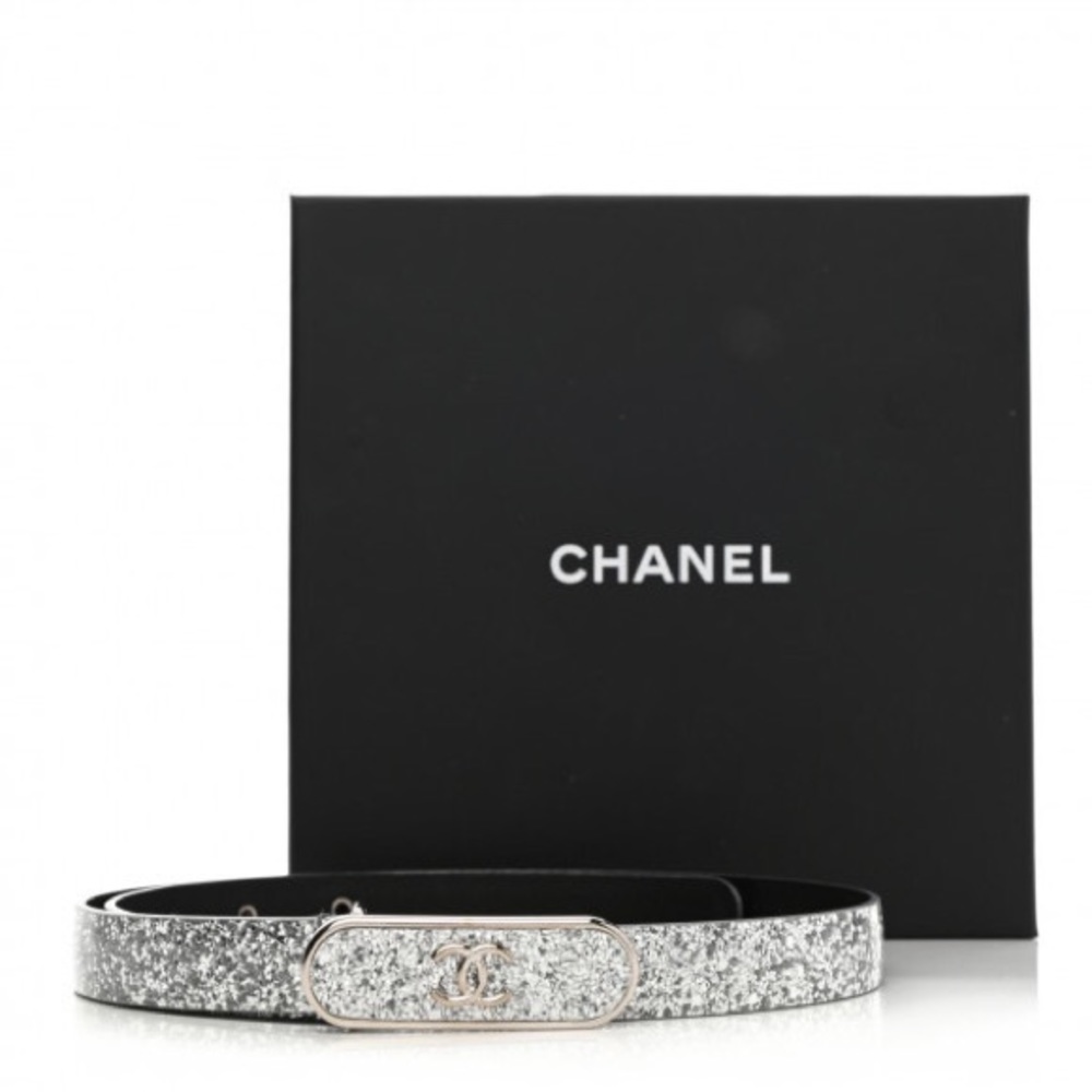 Authentic Chanel Silver Glitters Leather Belt 70
